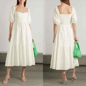 NWT NEW Reformation Rutherford Sweetheart Midi Dress with Puff Sleeves in White